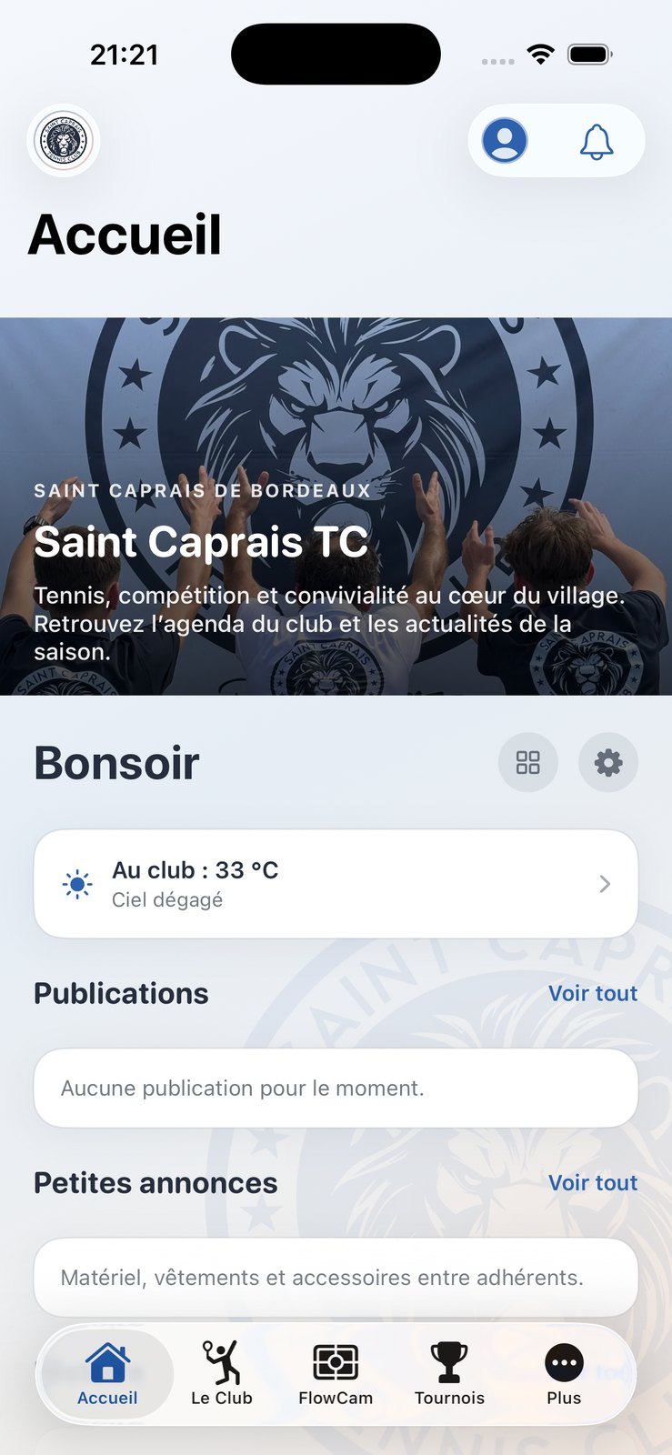 Écran Accueil de St Caprais TC : météo du club et publications