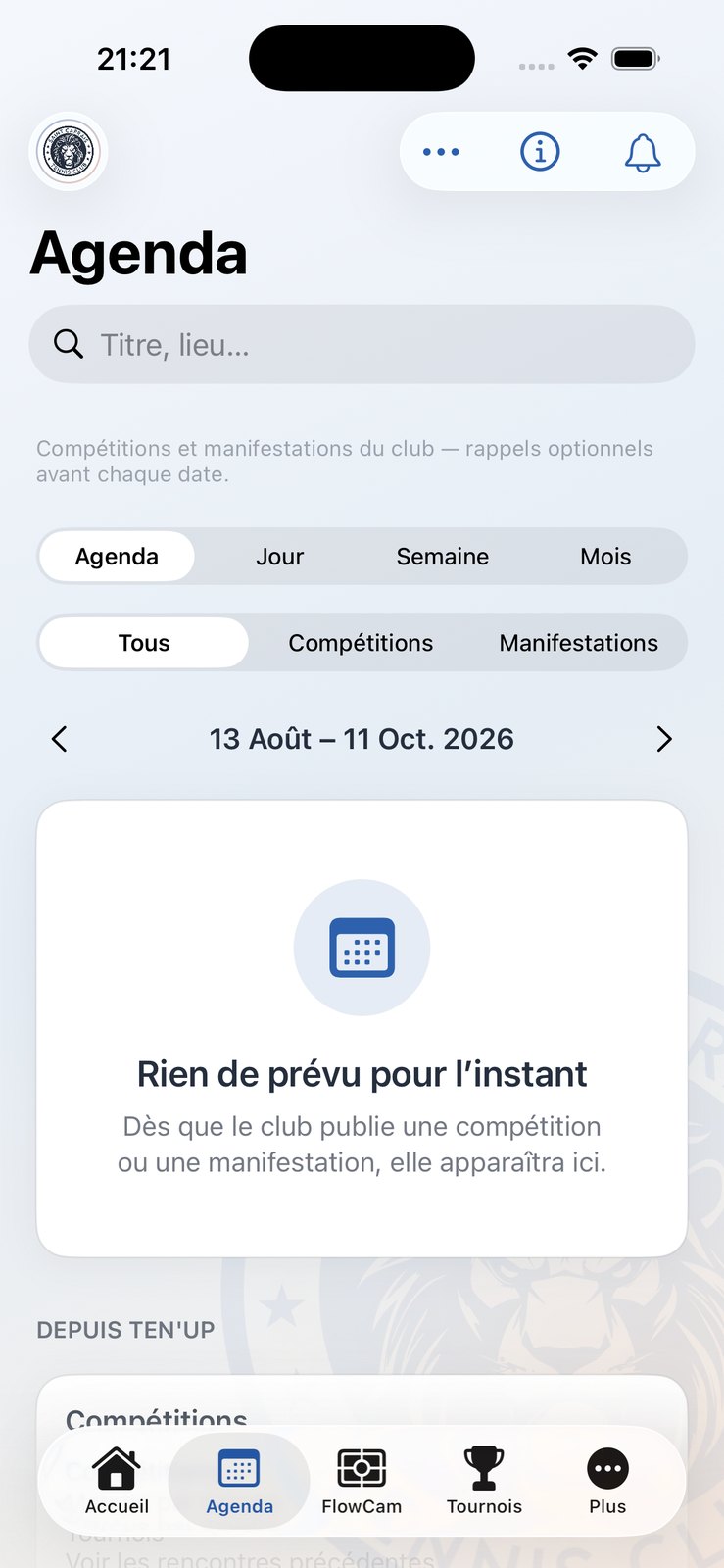Écran Agenda : événements et manifestations