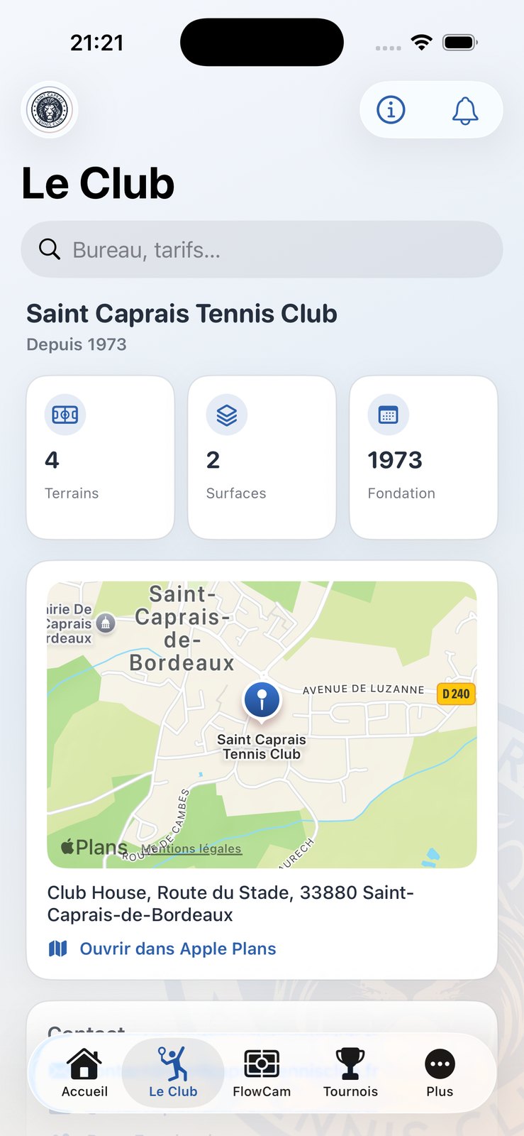 Écran Le Club : présentation du Saint Caprais Tennis Club