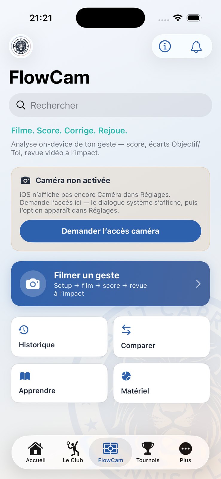 Écran FlowCam : analyse du geste et accès caméra