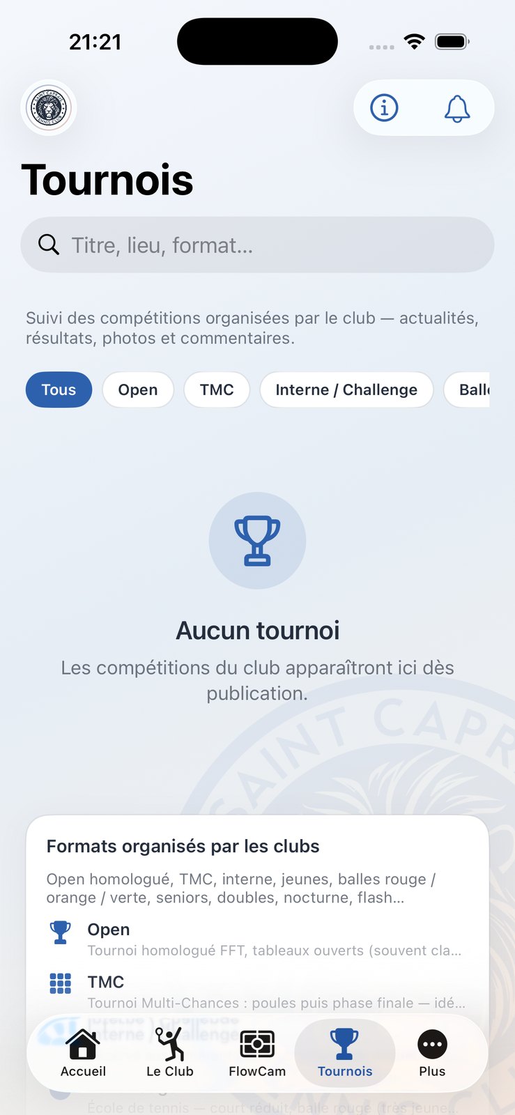 Écran Tournois : suivi des compétitions du club